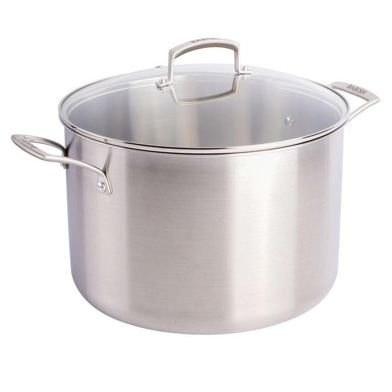 Babish 12 qt Triply Stainless Steel Stock Pot - Cast Stainless Steel Handle - Gift Box w/ Remailer