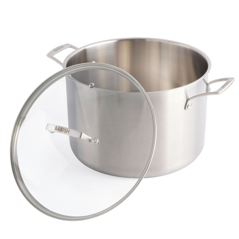 Babish 12 qt Triply Stainless Steel Stock Pot - Cast Stainless Steel Handle - Gift Box w/ Remailer