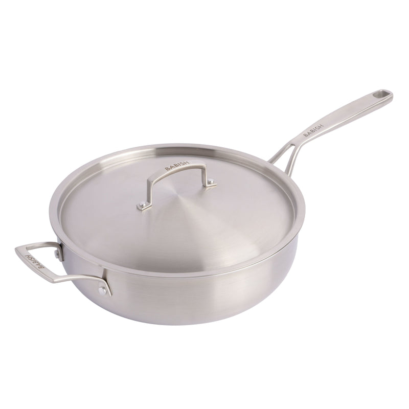 Babish 5qt Triply Stainless Steel Covered Sauté w/ Lid - Cast Stainless Steel Handle & Lid - Gift Box w/ Remailer