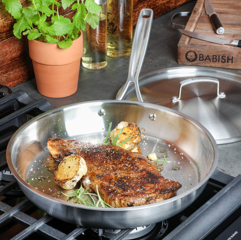 Babish 12.5" Stainless Steel Triply Fry Pan w/ Stainless Steel Lid - Color Sleeve w/ Remailer