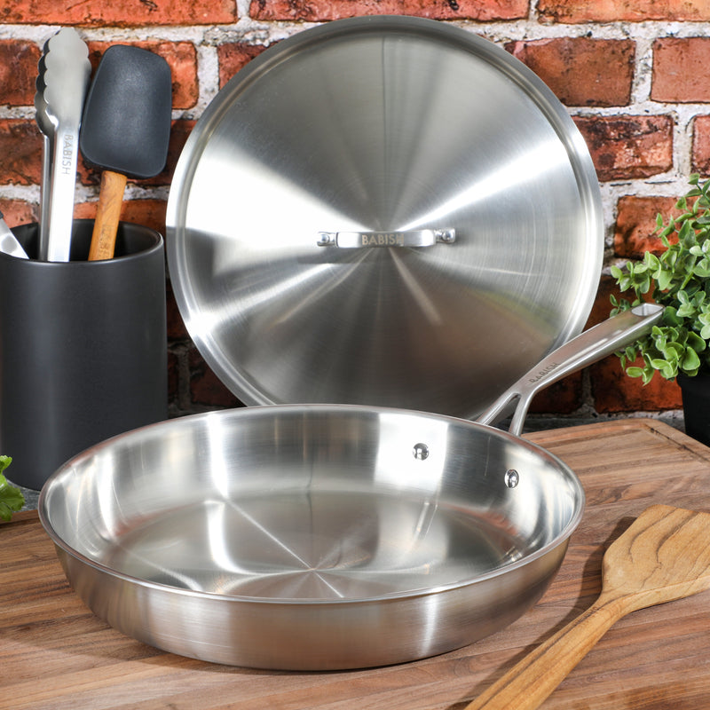 Babish 12.5" Stainless Steel Triply Fry Pan w/ Stainless Steel Lid - Color Sleeve w/ Remailer