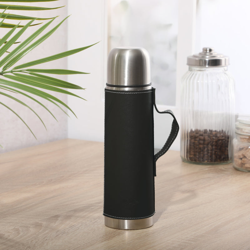 Mr. Coffee Leatherette 23oz Stainless Steel Double Wall Thermal Bottle w/ Lid & PU Handle - Black - Open Stock