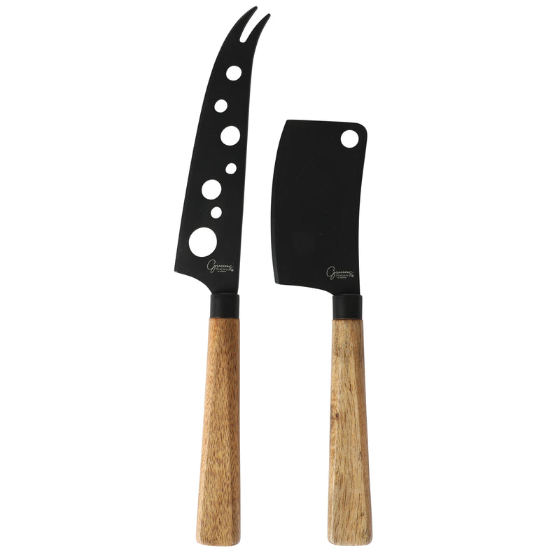 Gibson Elite Gracious Dining 2pc Cheese Knives w/ Leather Hang Rope Serving Board - Matte Black Coated Stainless Steel Blade - Acacia Handle - Clam Pack w/ Window Box