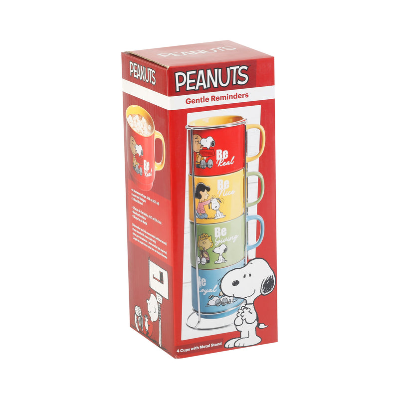 Peanuts Gentle Reminders 4pc 14.8oz Cups w/ Metal Stand - 4 Assorted Designs - Decorated -Stoneware - Gift Box