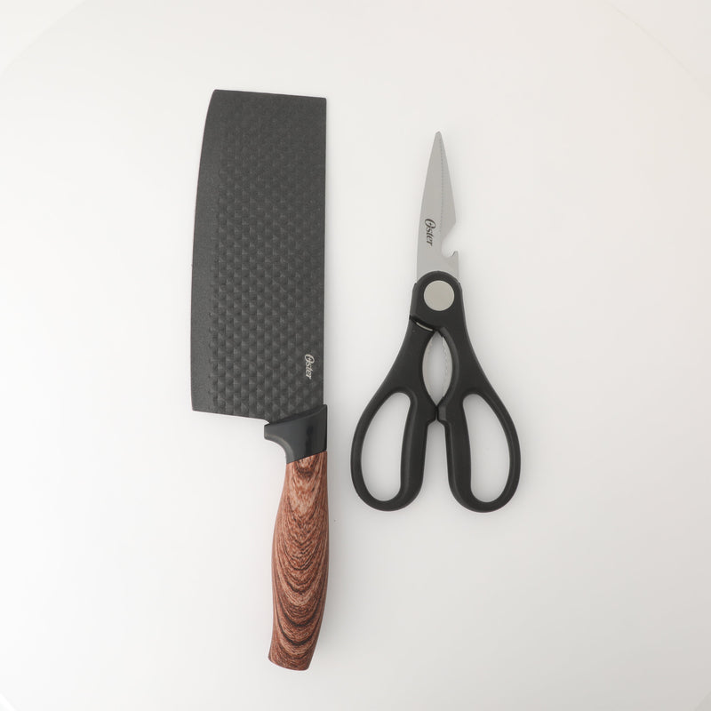 Oster Gunderson 2pc Stainless Steel 7" Cleaver & Scissors - Black Textured Nonstick Blade - ABS Bolster/PP Wood Look Handle - Clam Pack