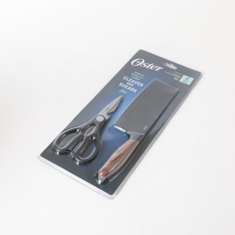 Oster Gunderson 2pc Stainless Steel 7" Cleaver & Scissors - Black Textured Nonstick Blade - ABS Bolster/PP Wood Look Handle - Clam Pack