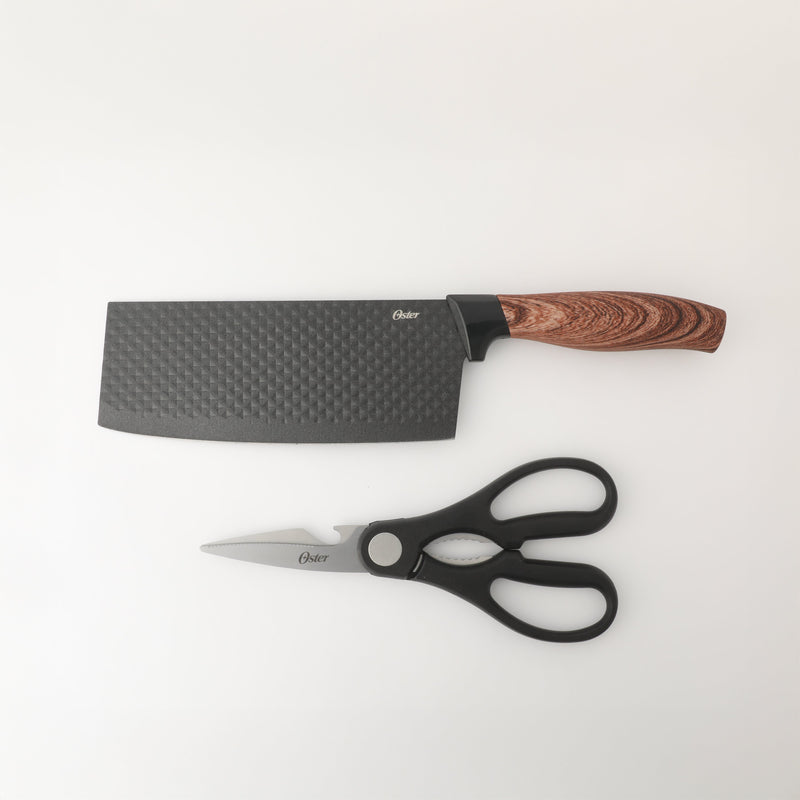 Oster Gunderson 2pc Stainless Steel 7" Cleaver & Scissors - Black Textured Nonstick Blade - ABS Bolster/PP Wood Look Handle - Clam Pack
