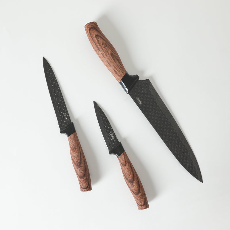 Oster Gunderson 3pc Stainless Steel Cutlery Set - Black Textured Nonstick Blade - ABS Bolster/PP Wood Look Handle - Clam Pack