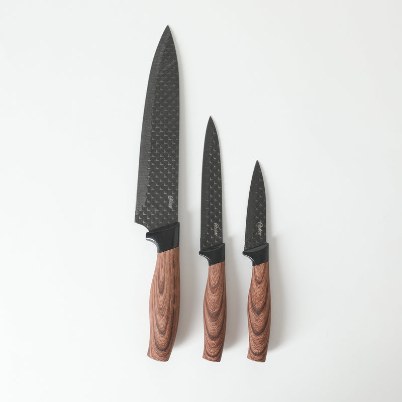 Oster Gunderson 3pc Stainless Steel Cutlery Set - Black Textured Nonstick Blade - ABS Bolster/PP Wood Look Handle - Clam Pack