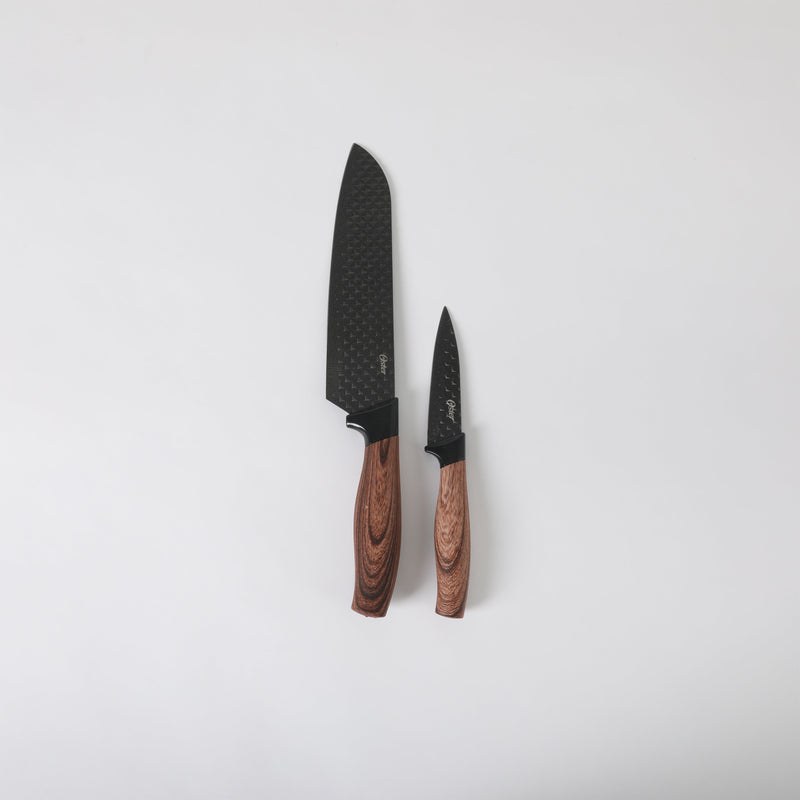Oster Gunderson 2pc Stainless Steel Santoku & Paring Knife Set - Black Textured Nonstick Blade - ABS Bolster/ PP Wood Look Handle - Clam Pack