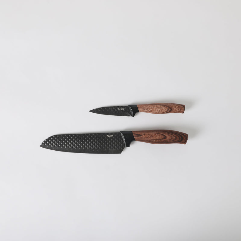 Oster Gunderson 2pc Stainless Steel Santoku & Paring Knife Set - Black Textured Nonstick Blade - ABS Bolster/ PP Wood Look Handle - Clam Pack