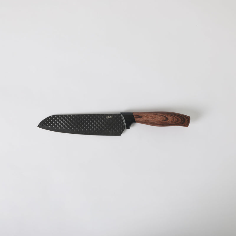 Oster Gunderson 2pc Stainless Steel Santoku & Paring Knife Set - Black Textured Nonstick Blade - ABS Bolster/ PP Wood Look Handle - Clam Pack