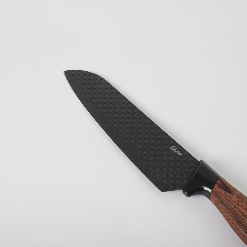 Oster Gunderson 2pc Stainless Steel Santoku & Paring Knife Set - Black Textured Nonstick Blade - ABS Bolster/ PP Wood Look Handle - Clam Pack