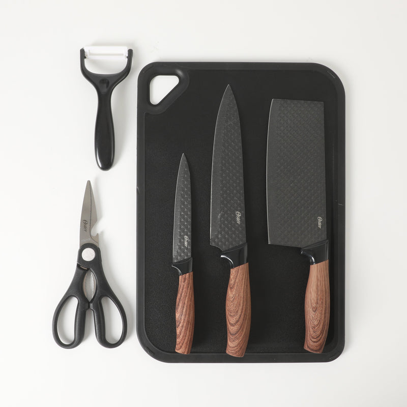 Oster Gunderson 6pc Stainless Steel Cutlery Set w/ Black Cutting Board - Black Textured Nonstick Blade - ABS Bolster/PP Wood Look Handle - Clam Pack