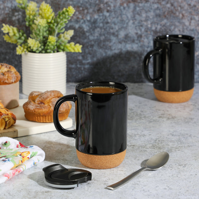 Gibson Home Modani 16.5oz Cup w/ PP Lid - Cork Base - Black & White - Solid Color - Stoneware - Color Sleeve
