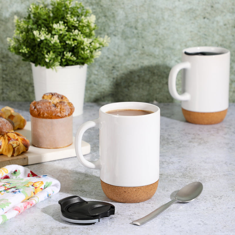Gibson Home Modani 16.5oz Cup w/ PP Lid - Cork Base - Black & White - Solid Color - Stoneware - Color Sleeve