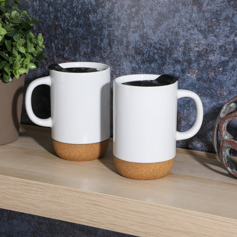 Gibson Home Modani 16.5oz Cup w/ PP Lid - Cork Base - Black & White - Solid Color - Stoneware - Color Sleeve