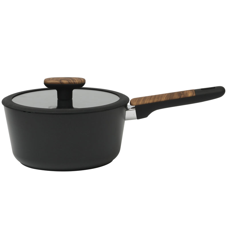 Oster Oxburg 14pc Aluminum Cookware Combo Set - Matte Black - Nonstick Interior - Induction Base - Black 2 Tone Soft Touch Wooden Handle - Gift Box w/ Remailer