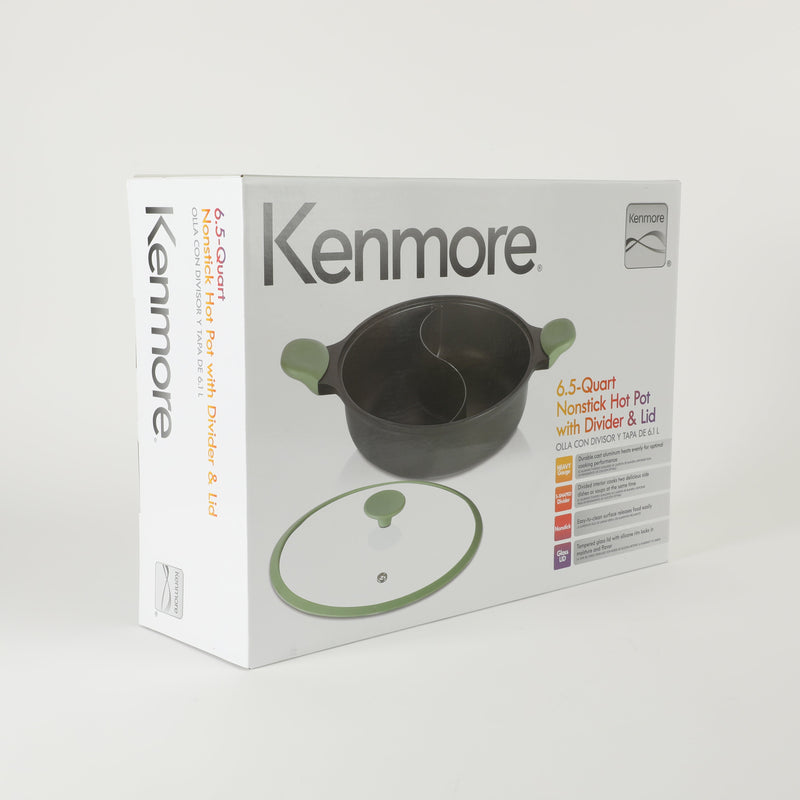 Kenmore - Theodore 6.5qt Cast Aluminum Hot Pot w/ Divider & Lid - Nonstick - Glass Lid w/ Silicon Rim - Induction Base - Soft Touch Handle - GBX w/ Remailer