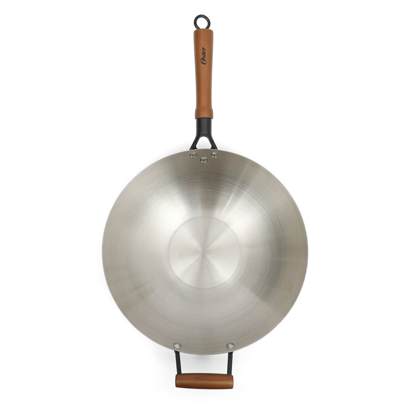 Oster Sangerfield 14" Stainless Steel Wok - Satin Interior & Exterior - Wood Handle - Color Sleeve