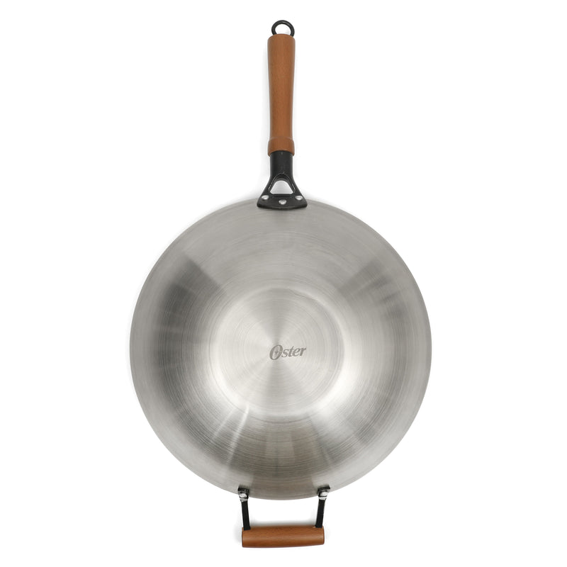 Oster Sangerfield 14" Stainless Steel Wok - Satin Interior & Exterior - Wood Handle - Color Sleeve