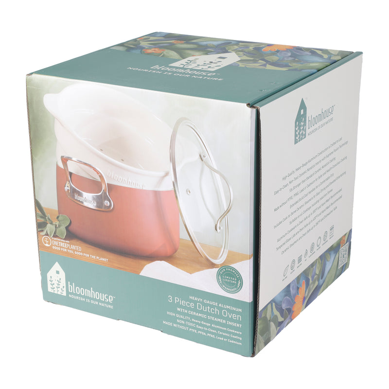 Bloomhouse 6qt Aluminum Ceramic Non-Stick Dutch Oven w/ Lid & Ceramic Steamer - Gift Box w/ Remailer