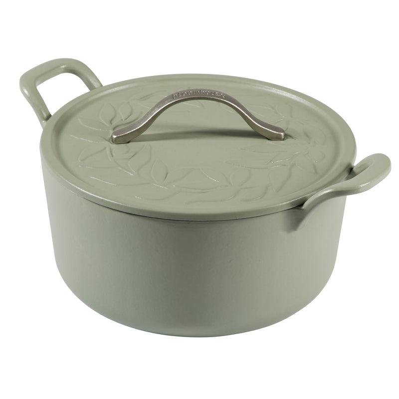 Bloomhouse 7qt Enamel Cast Iron Dutch Oven w/ Embossed Leaf Lid & Wooden Trivet -Silver Cast Stainless Steel Knob - Gift Box w/ Remailer