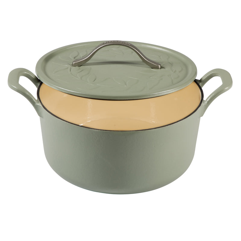 Bloomhouse 7qt Enamel Cast Iron Dutch Oven w/ Embossed Leaf Lid & Wooden Trivet -Silver Cast Stainless Steel Knob - Gift Box w/ Remailer