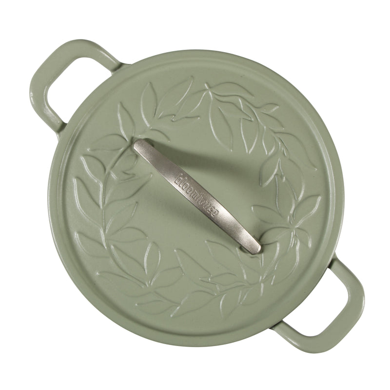 Bloomhouse 7qt Enamel Cast Iron Dutch Oven w/ Embossed Leaf Lid & Wooden Trivet -Silver Cast Stainless Steel Knob - Gift Box w/ Remailer