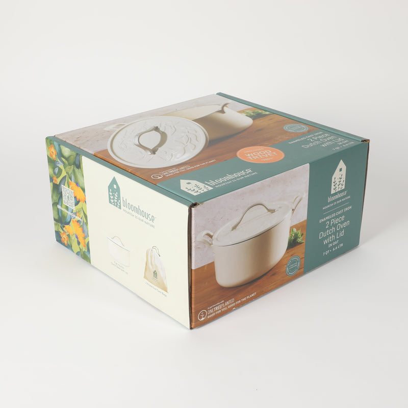 Bloomhouse 7qt Enamel Cast Iron Dutch Oven w/ Embossed Leaf Lid & Wooden Trivet -Silver Cast Stainless Steel Knob - Gift Box w/ Remailer