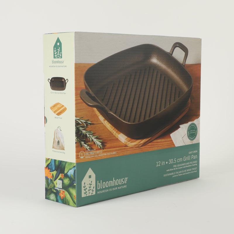 Bloomhouse 12" Preseason Plus Cast Iron Grill Pan w/ Wooden Trivet - Olive Oil - 2 Sides Handles - GBX w/ Remailer