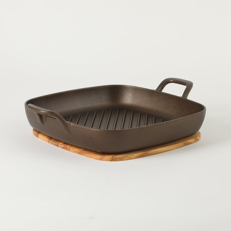 Bloomhouse 12" Preseason Plus Cast Iron Grill Pan w/ Wooden Trivet - Olive Oil - 2 Sides Handles - GBX w/ Remailer