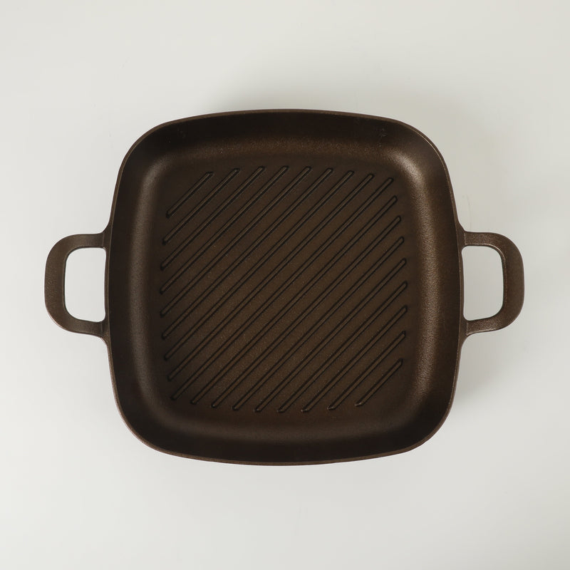 Bloomhouse 12" Preseason Plus Cast Iron Grill Pan w/ Wooden Trivet - Olive Oil - 2 Sides Handles - GBX w/ Remailer