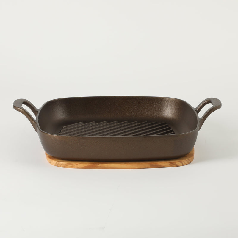 Bloomhouse 12" Preseason Plus Cast Iron Grill Pan w/ Wooden Trivet - Olive Oil - 2 Sides Handles - GBX w/ Remailer