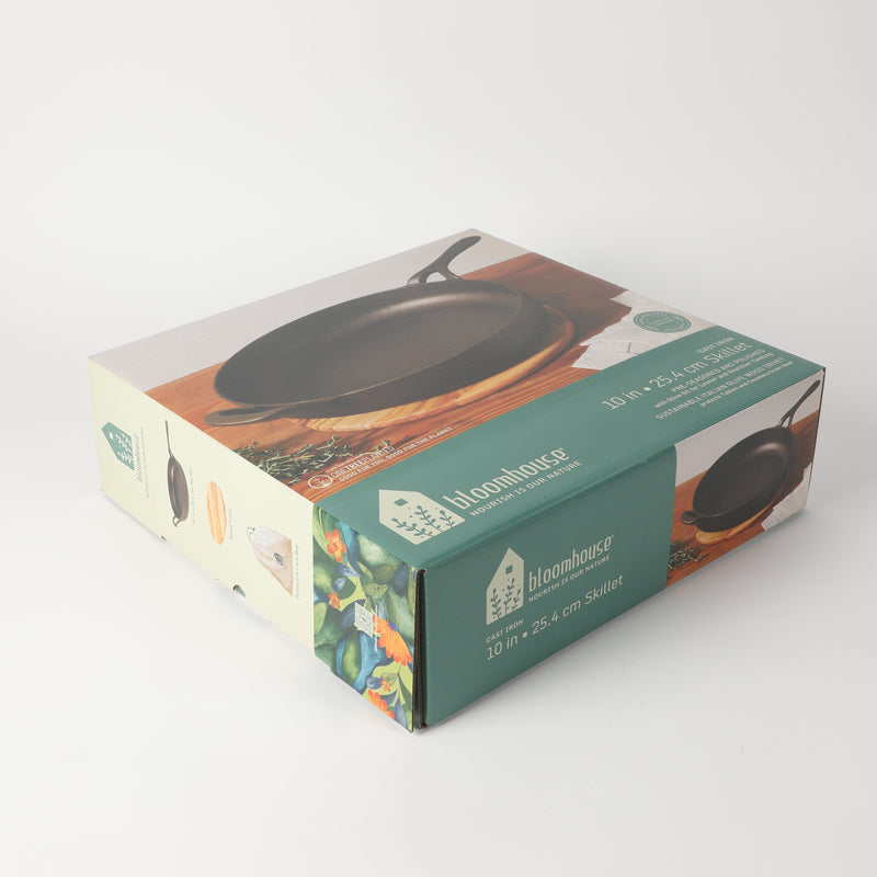 Bloomhouse 10" Preseason Plus Cast Iron Skillet w/ Wooden Trivet - Olive Oil - Gift Box w/ Remailer