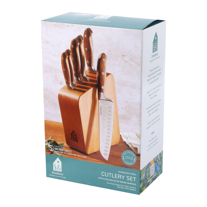 Bloomhouse 7pc German Steel Cutlery Set w/ Wood Block - Olive Wood Forged Handle - Stainless Steel - Gift Box w/ Remailer