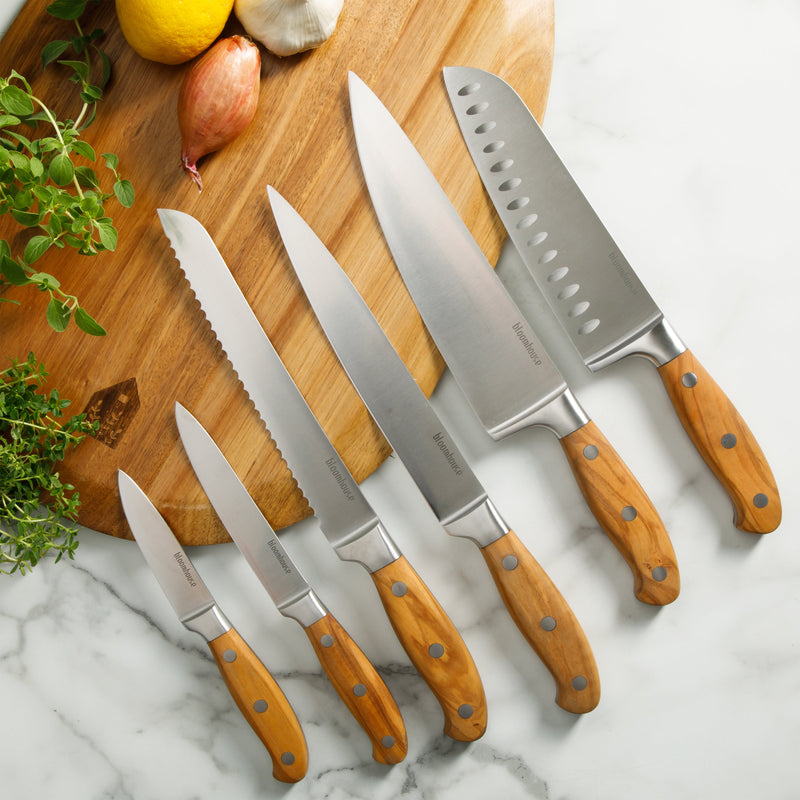 Bloomhouse 7pc German Steel Cutlery Set w/ Wood Block - Olive Wood Forged Handle - Stainless Steel - Gift Box w/ Remailer
