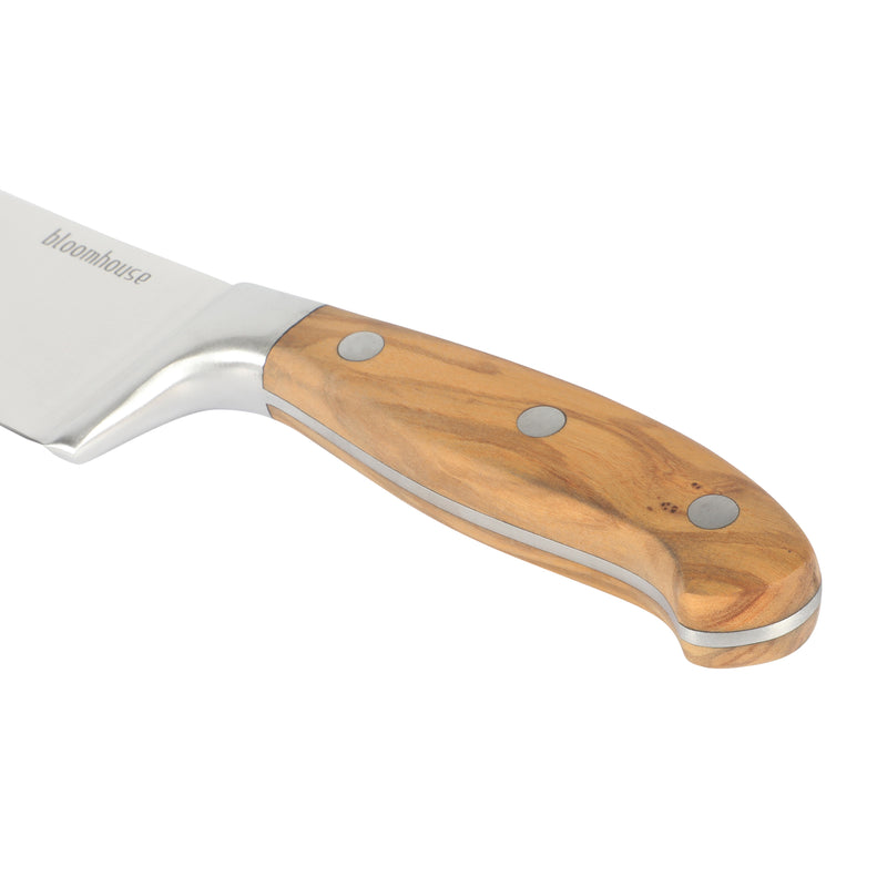 Bloomhouse 8" German Steel Chef Knife - Olive Wood Forged Handle - Stainless Steel - Gift Box w/ Remailer