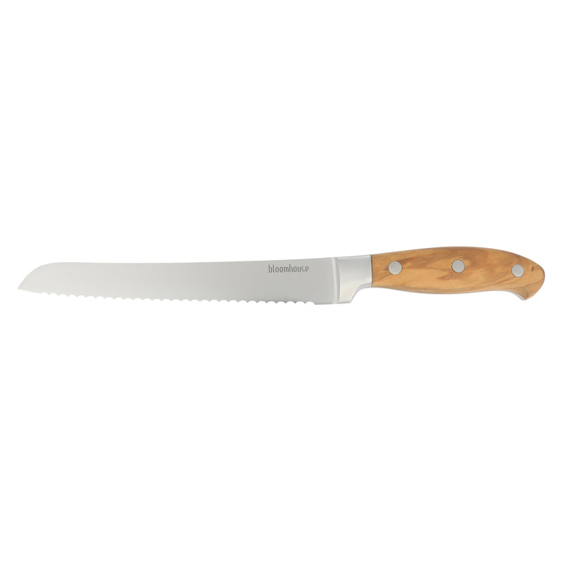 Bloomhouse 8" German Steel Bread Knife - Olive Wood Forged Handle - Stainless Steel - Gift Box w/ Remailer