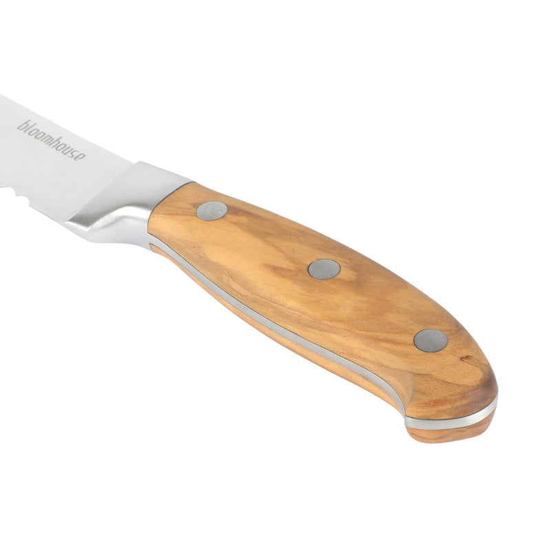 Bloomhouse 8" German Steel Bread Knife - Olive Wood Forged Handle - Stainless Steel - Gift Box w/ Remailer
