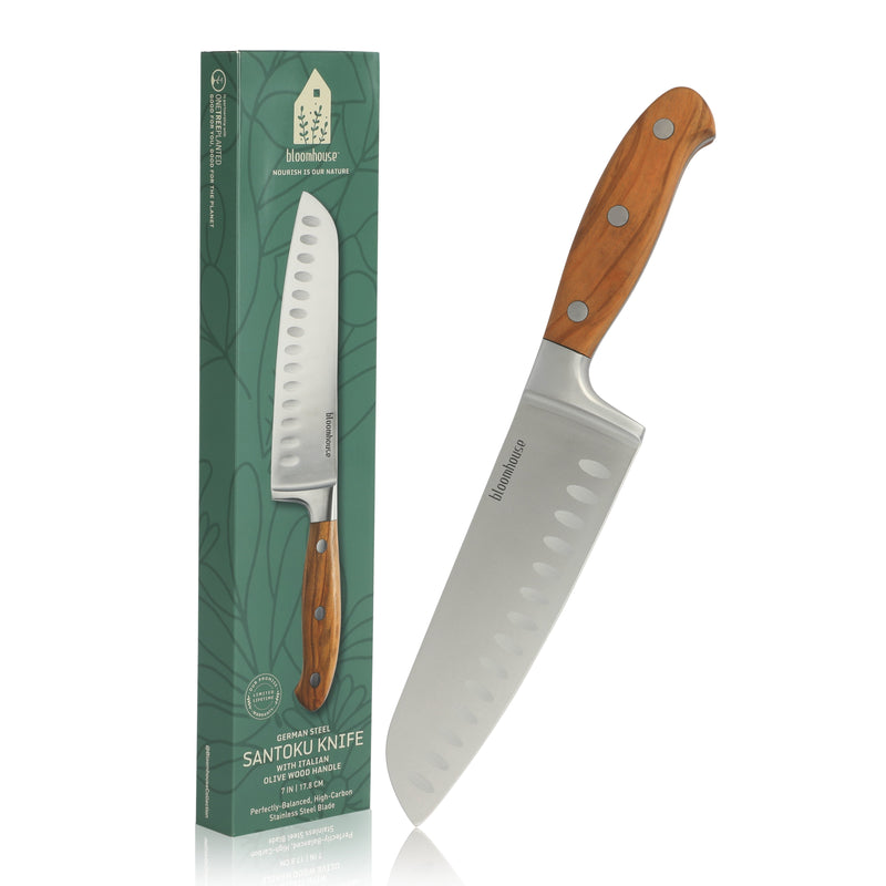 Bloomhouse 7" German Steel Santoku Knife - Olive Wood Forged Handle - Stainless Steel - Gift Box w/ Remailer