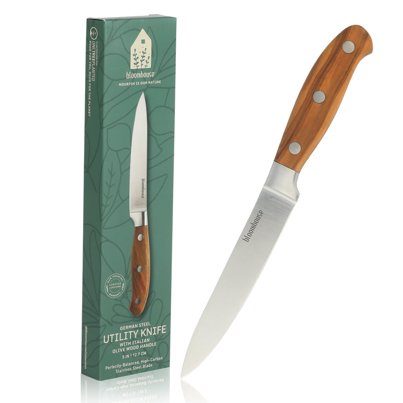 Bloomhouse 5" German Steel Utility Knife - Olive Wood Forged Handle - Stainless Steel - Gift Box w/ Remailer
