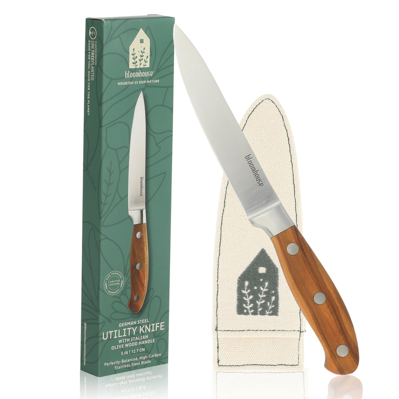Bloomhouse 5" German Steel Utility Knife - Olive Wood Forged Handle - Stainless Steel - Gift Box w/ Remailer