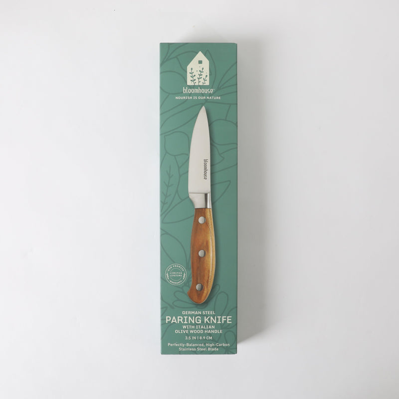Bloomhouse 3.5" German Steel Paring Knife - Olive Wood Forged Handle - Stainless Steel - Gift Box w/ Remailer