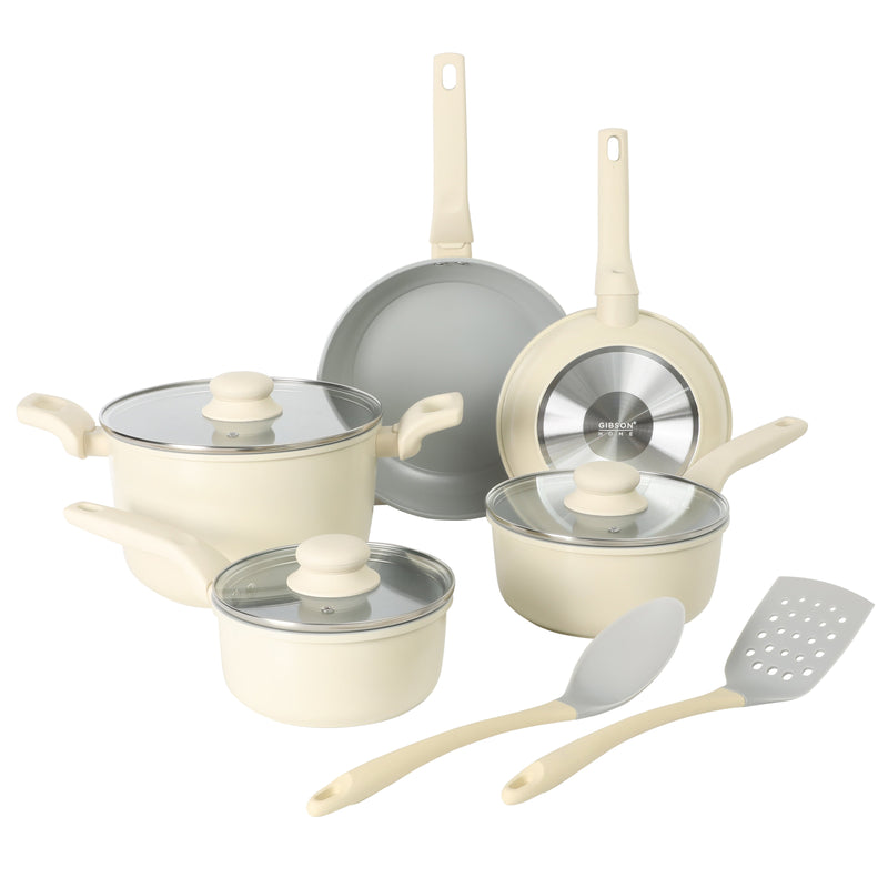 Gibson Home Barnsdall 10pc Aluminum Cookware Set w/ Kitchen Tools & Glass Lid - Grey Ceramic Nonstick Interior - Soft Touch Handle - Gift Box w/ Remailer