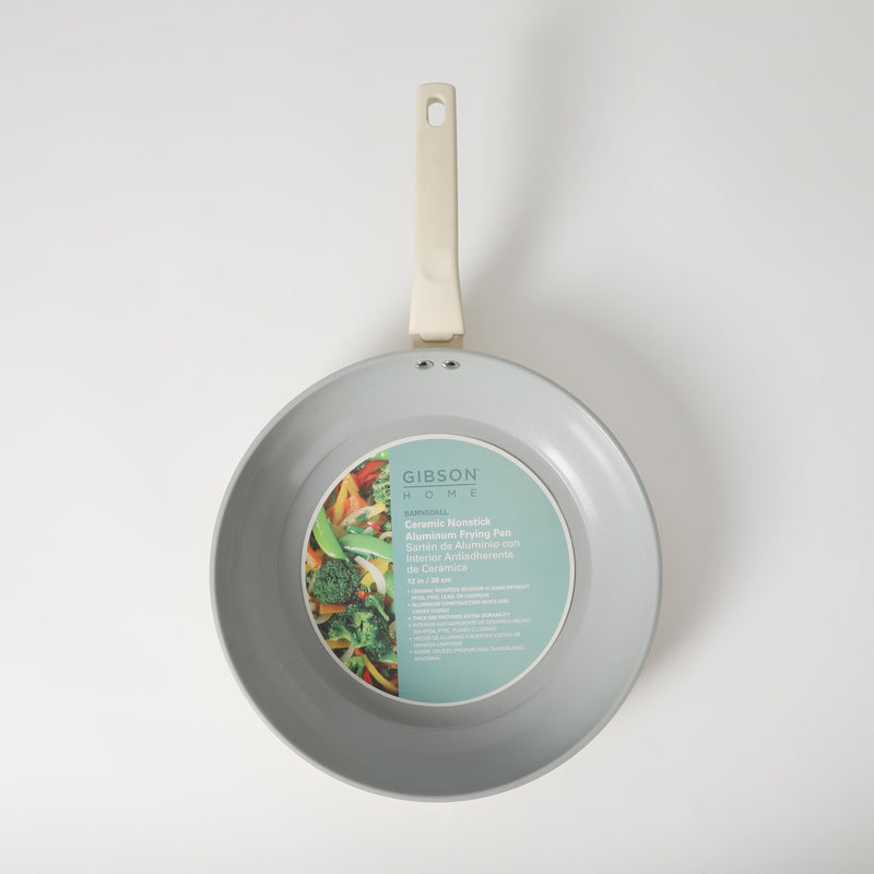 Gibson Home Barnsdall 12" Aluminum Frying Pan - Linen - Grey Ceramic Nonstick Interior - Soft Touch Handle - Forged Look - Color Label