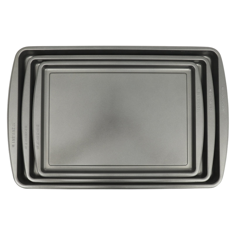 Gibson Home Love To Bake 3pc Carbon Steel Jelly Roll Pan Set - Grey - 2 Layer Nonstick - Color Label & Shrink Wrap