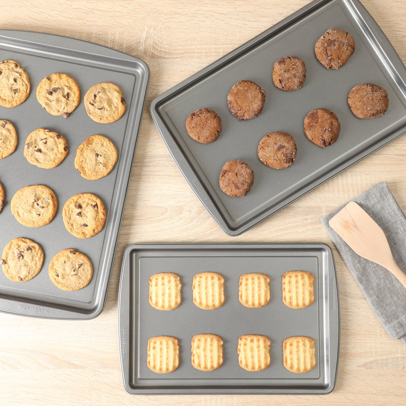 Gibson Home Love To Bake 3pc Carbon Steel Jelly Roll Pan Set - Grey - 2 Layer Nonstick - Color Label & Shrink Wrap