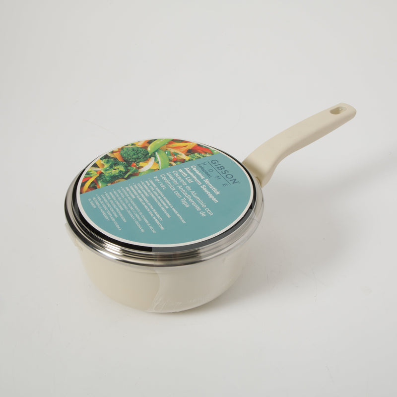 Gibson Home Barnsdall 2qt Aluminum Saucepan w/ Glass Lid - Linen - Grey Ceramic Nonstick Interior - Soft Touch Handle - Forged Look - Color Label