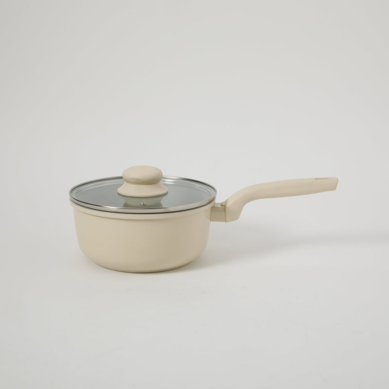 Gibson Home Barnsdall 2qt Aluminum Saucepan w/ Glass Lid - Linen - Grey Ceramic Nonstick Interior - Soft Touch Handle - Forged Look - Color Label
